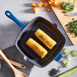 Barbary & Oak 26cm Cast Iron Grill Pan Blue -POTS & PANS Sales 2022 BO800256BLU Barbary And Oak 26cm Cast Iron Grill Pan Blue 3