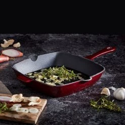 Barbary & Oak 26cm Cast Iron Grill Pan Red -POTS & PANS Sales 2022 BO800256RED Barbary And Oak 26cm Cast Iron Grill Pan Red 4